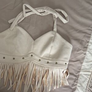 SHEIN Beige Halter Fringe Tank Top